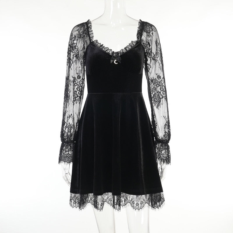 Velvet Dress with Long Lace Sleeves
