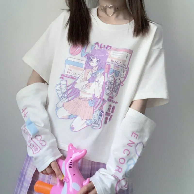 Graphic Anime T Shirt with Arm Covers