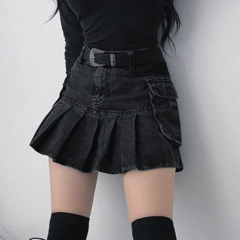 Pleated Denim Skirt