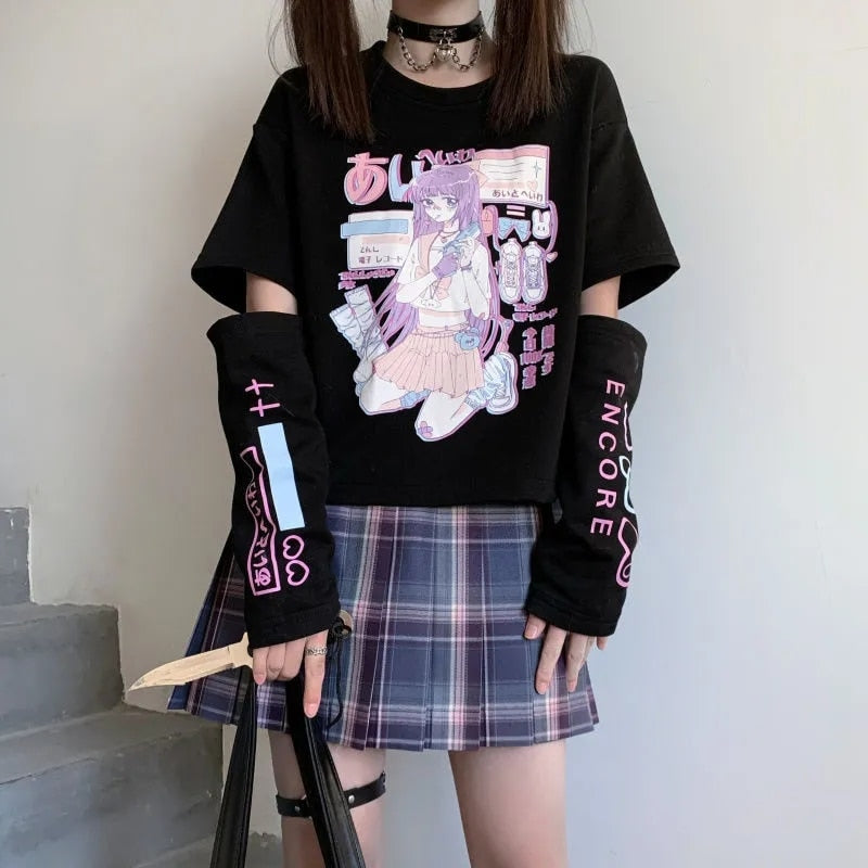 Graphic Anime T Shirt with Arm Covers
