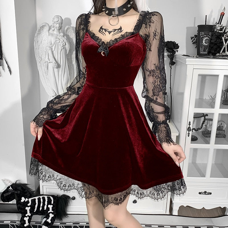 Velvet Dress with Long Lace Sleeves