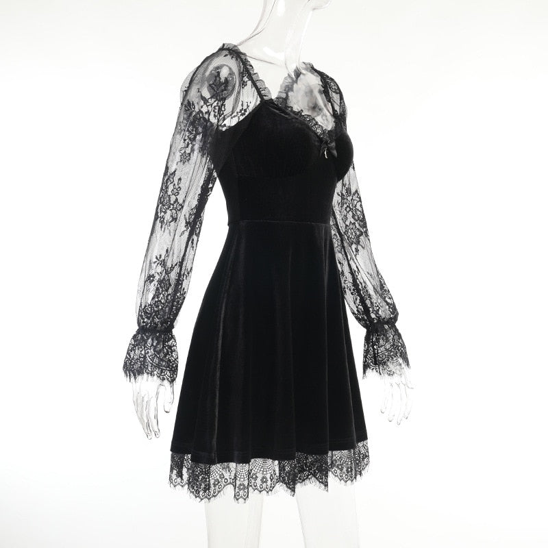 Velvet Dress with Long Lace Sleeves