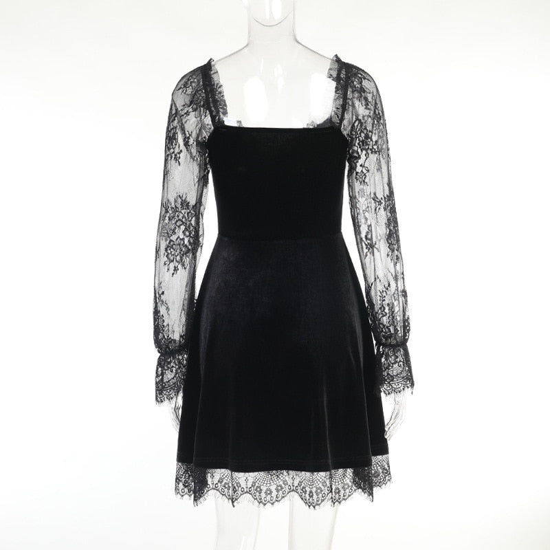 Velvet Dress with Long Lace Sleeves