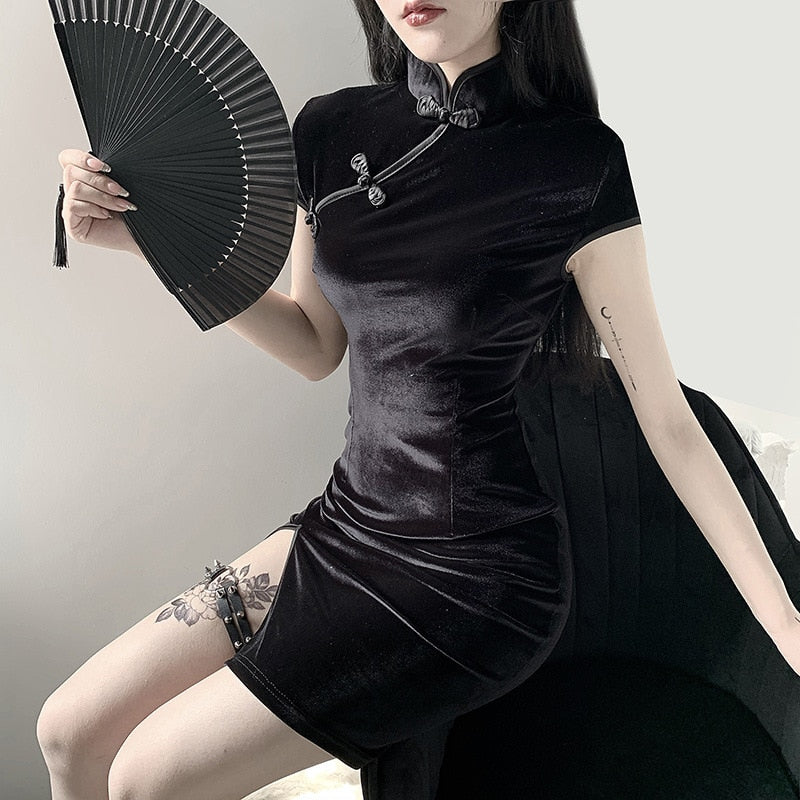 Short Velvet Slit Leg Kimono Dress