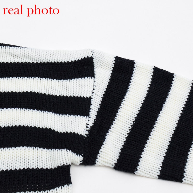 Black and White Striped Cropped Sweater
