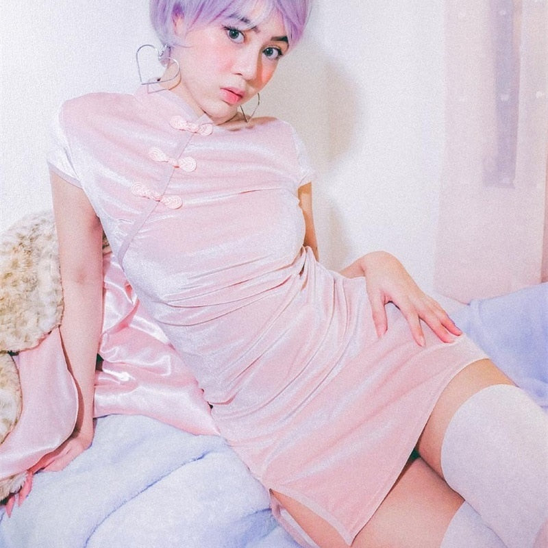 Short Velvet Slit Leg Kimono Dress