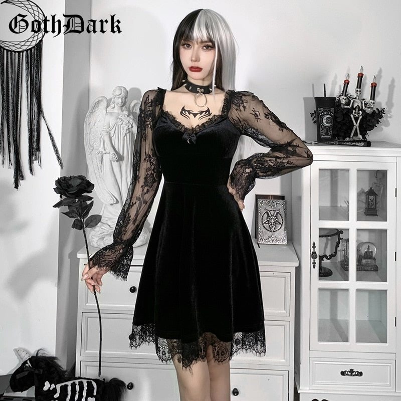 Velvet Dress with Long Lace Sleeves