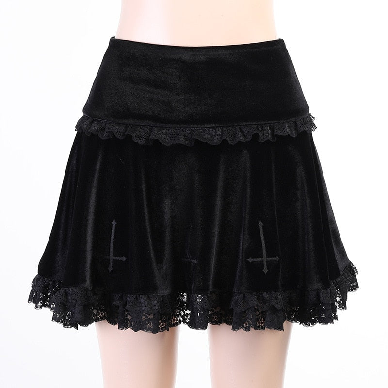 Cross Velvet Ruffled Mini Skirt