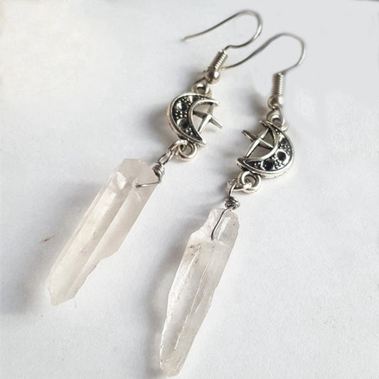 Clear Quartz Silver Moon Earrings