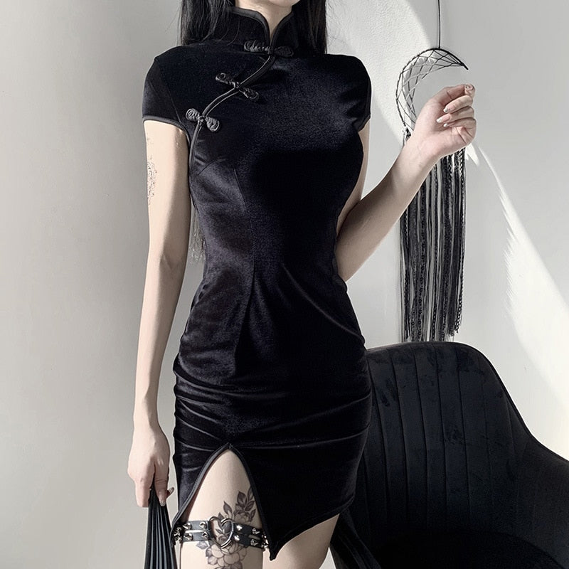 Short Velvet Slit Leg Kimono Dress