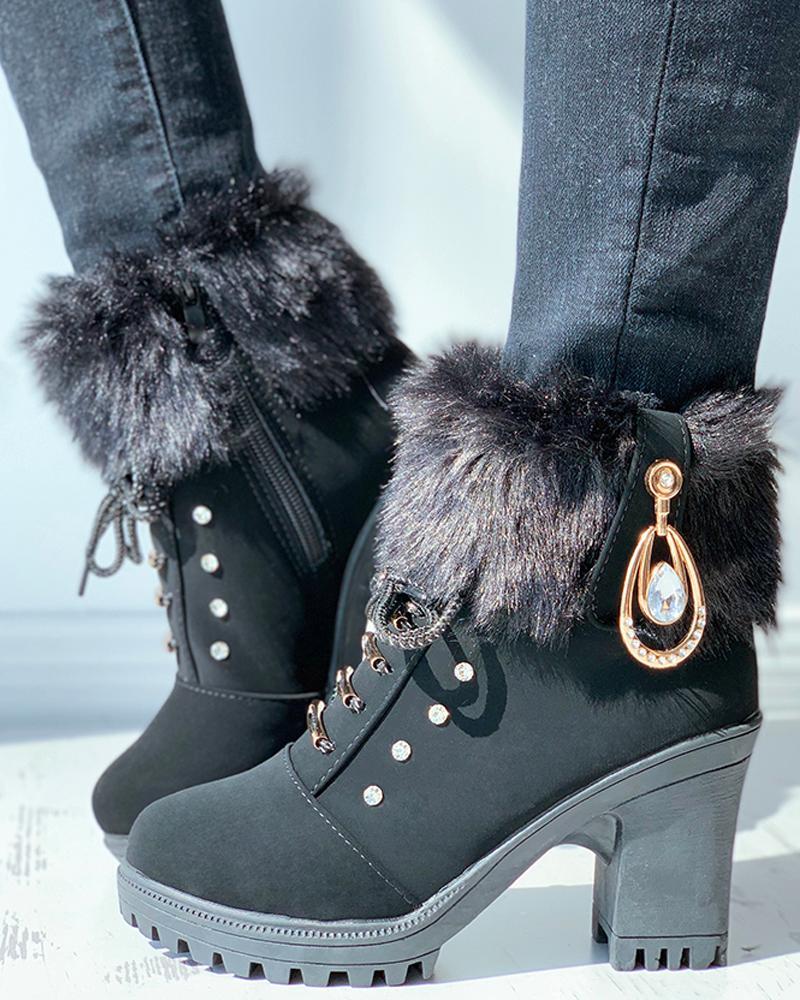 Fur Cuff Heeled Ankle Booties