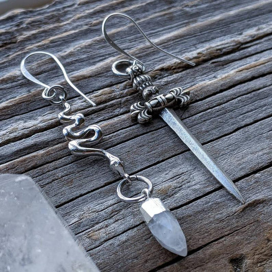 Dagger & Snake Crystal Dangle Earrings