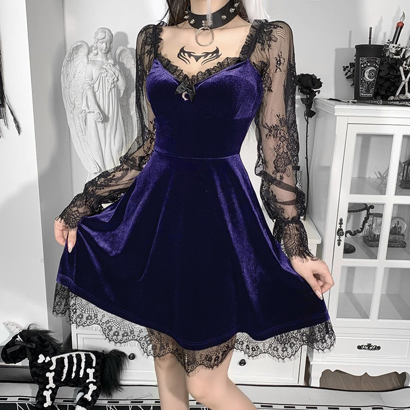 Velvet Dress with Long Lace Sleeves