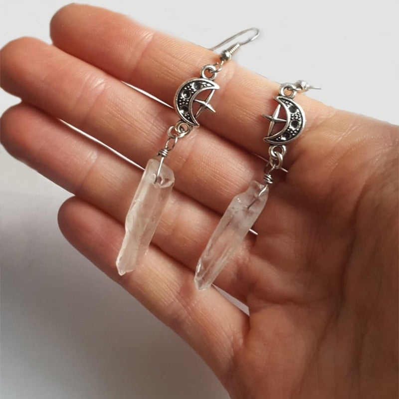 Clear Quartz Silver Moon Earrings