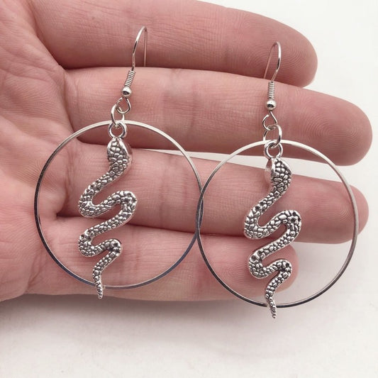 Silver Plates Snake Hoop Dangle Earrings