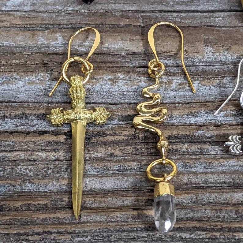 Dagger & Snake Crystal Dangle Earrings