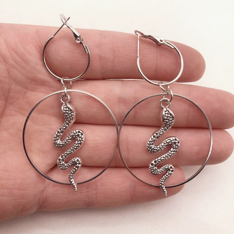 Silver Plates Snake Hoop Dangle Earrings