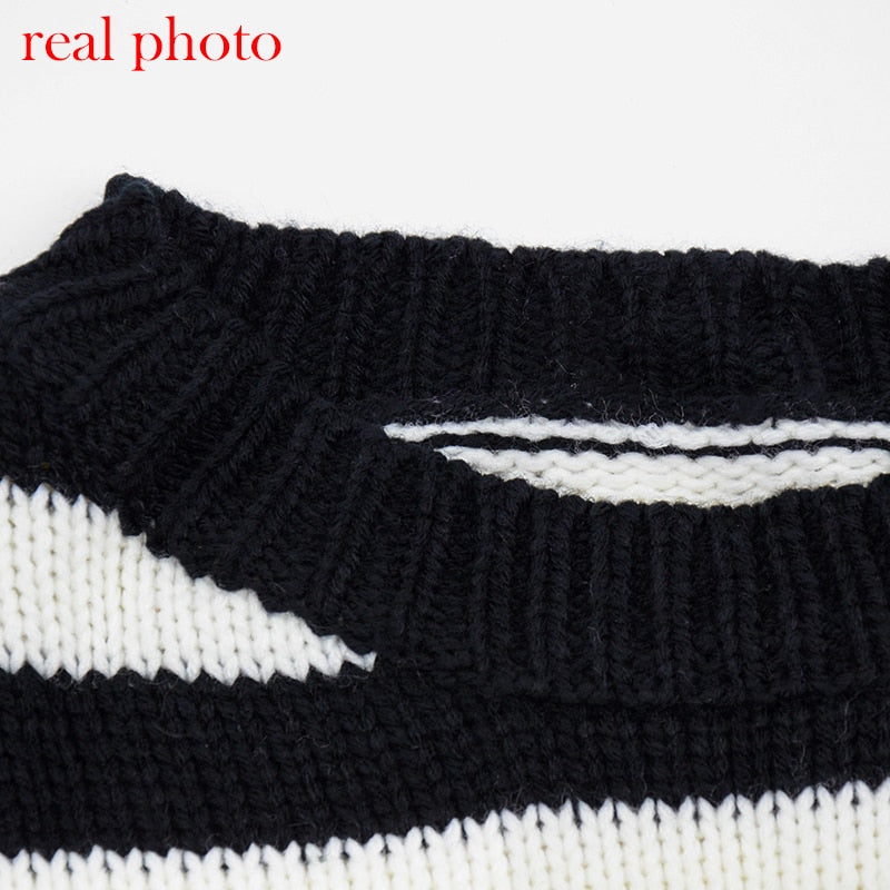 Black and White Striped Cropped Sweater