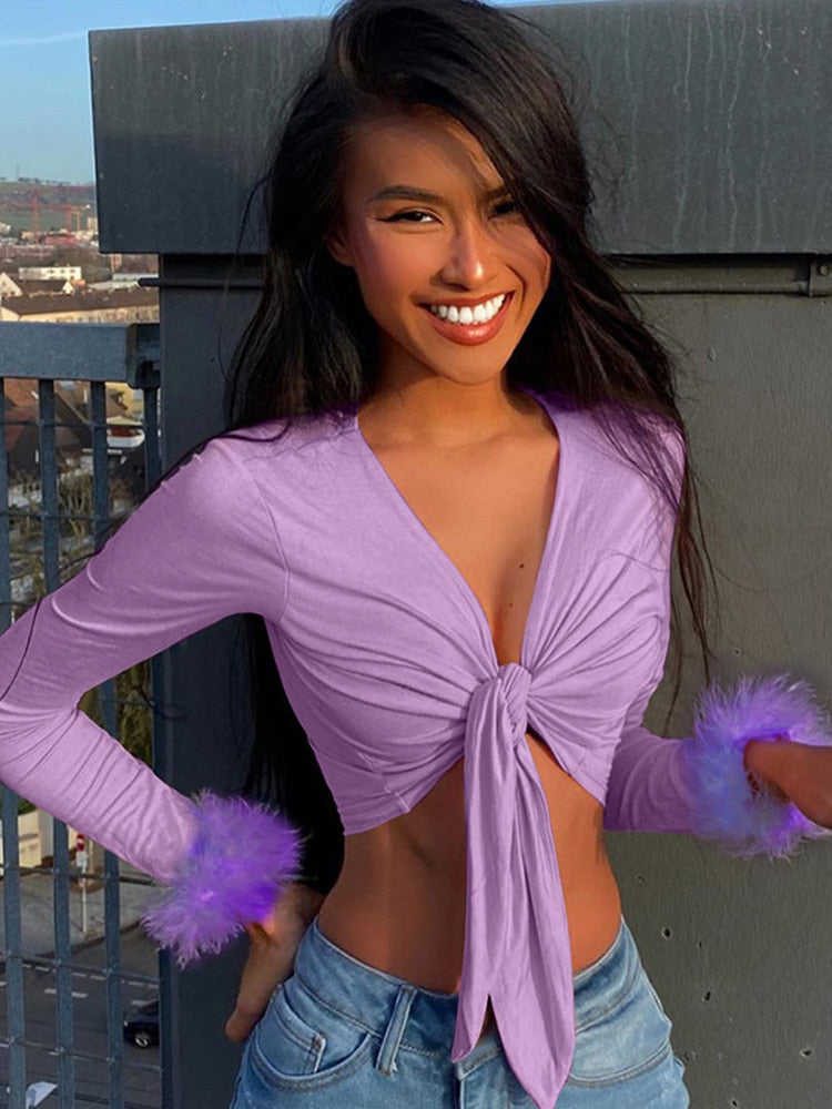 Tie Front Top with Feather Sleeves