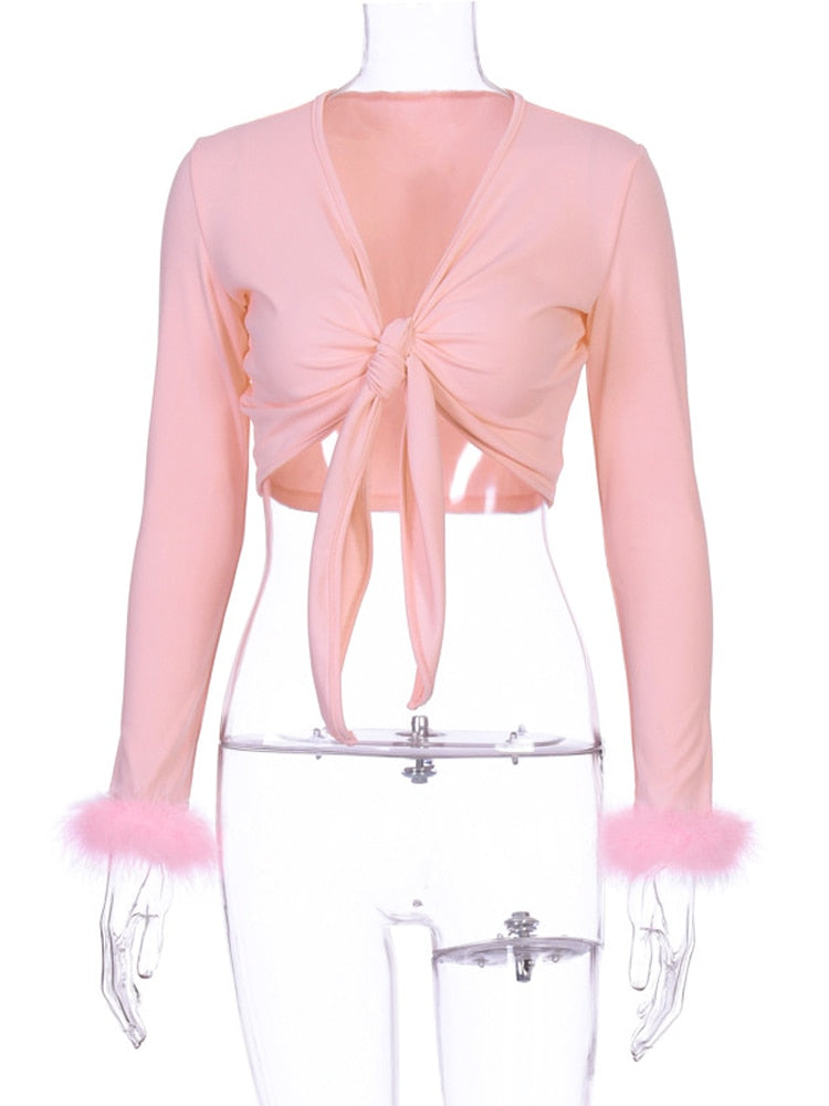 Tie Front Top with Feather Sleeves