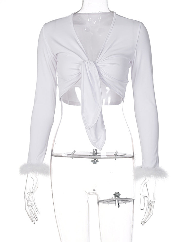 Tie Front Top with Feather Sleeves