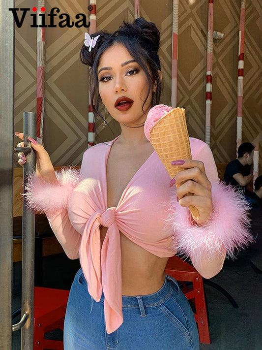 Tie Front Top with Feather Sleeves