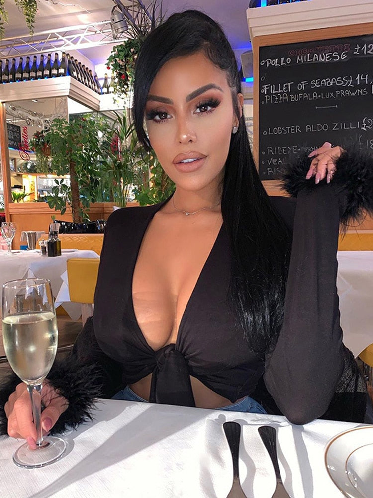 Tie Front Top with Feather Sleeves