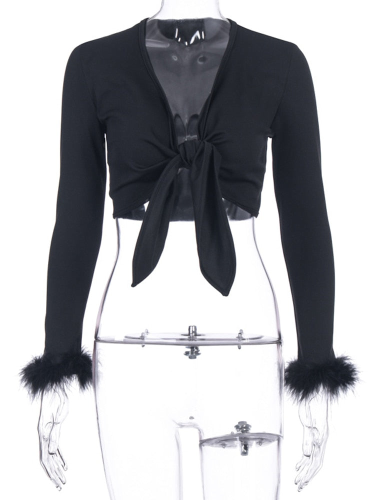 Tie Front Top with Feather Sleeves