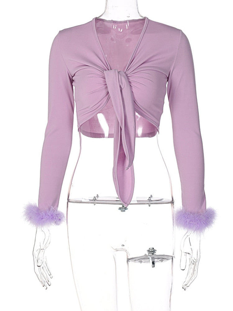 Tie Front Top with Feather Sleeves