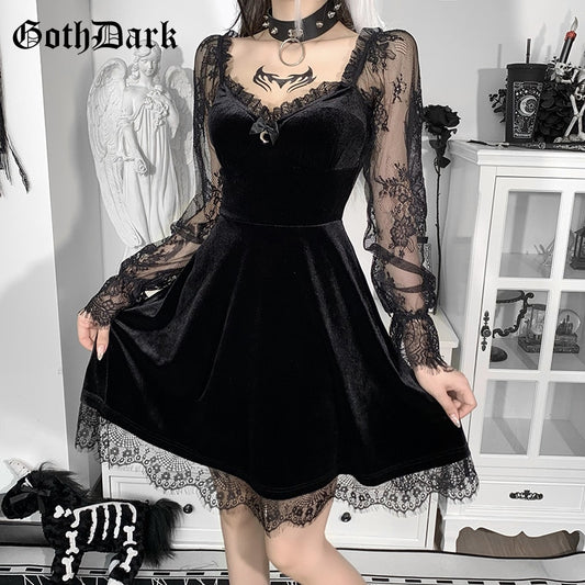 Velvet Dress with Long Lace Sleeves