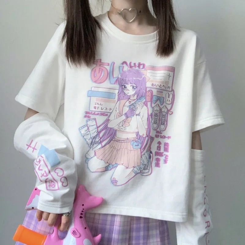 Graphic Anime T Shirt with Arm Covers