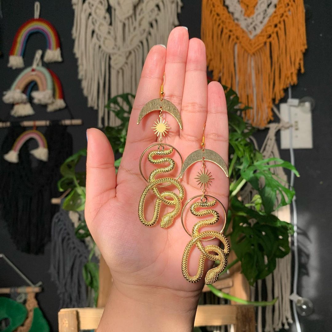Gold Serpent and Moon Earrings