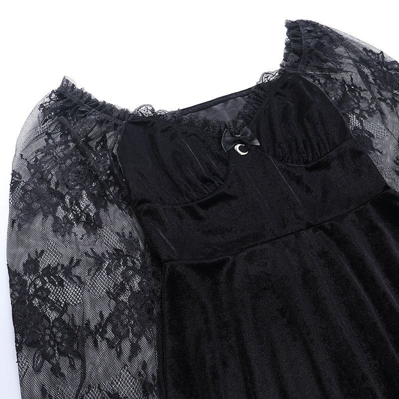 Velvet Dress with Long Lace Sleeves